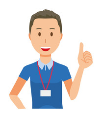 A male staff wearing a nameplate showing thumbs up - upper body