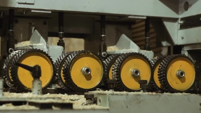 Spinning spiked wheels of board refiner machine working on wood at sawmill production, close up