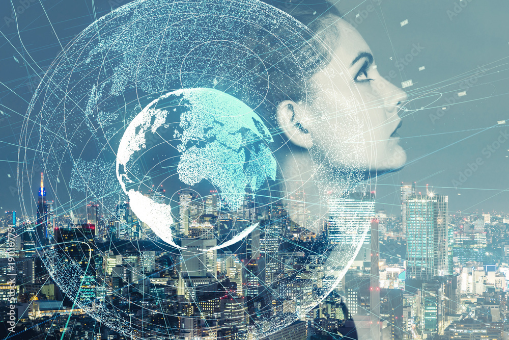 Poster portrait of beautiful woman and global communication network concept. ai(artificial intelligence). i