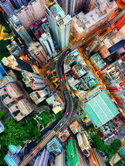aerial view if downtown city and center living building condominium, express way at middle city of Hongkong - obrazy, fototapety, plakaty