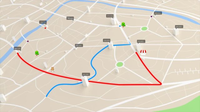 4K animation aerial view of map with 3d building and destination moving location path 