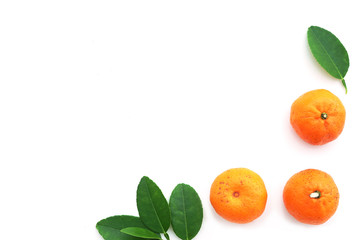 Mandarin oranges with leaves isolated over white background.Flat lay concept with copy space.Orange fruits isolated.