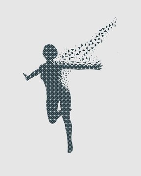 Abstract women in dancing pose textured by lines and dots pattern in sword fight pose. Particles emission