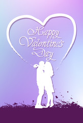 Beautiful Valentines Day Greeting Card With Creative Lettering And Couple Silhouette Kissing Vector Illustration