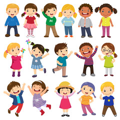 Glückliche Kinderkarikatursammlung. Multikulturelle Kinder in verschiedenen Positionen auf weißem Hintergrund