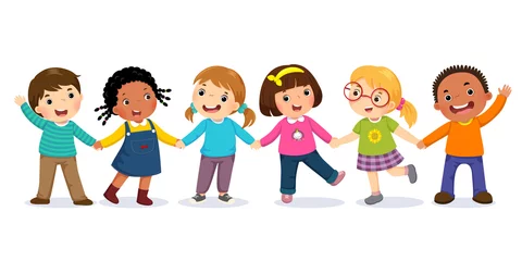 Peel and stick wall murals Kindergarden Group of happy kids holding hands. Friendship concept