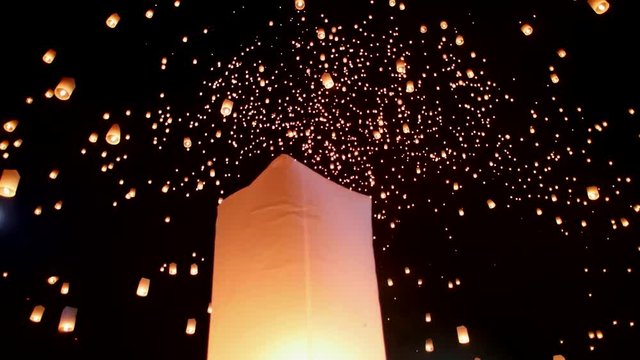 Chiang Mai, Thailand - November 14, 2016:The Khom Loi is a cylinder of paper about one meter high, braced with wire circles. Suspended from the bottom of the cylinder is a tray containing cotton soake