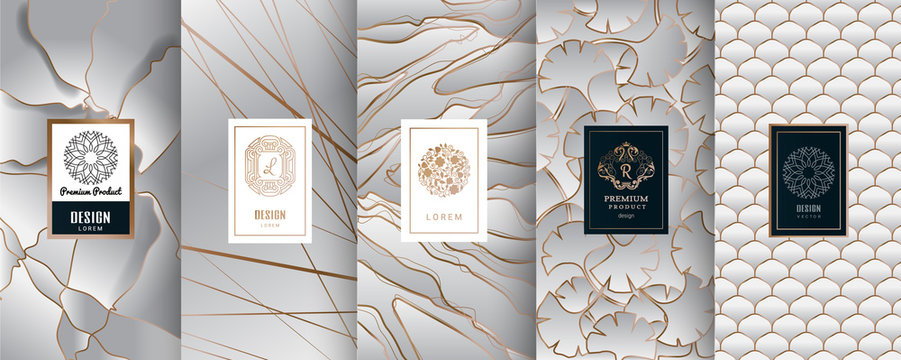 Collection of design elements,labels,icon,frames, for packaging,design of luxury products.Made with golden foil.Isolated on silver and marble background. vector illustration