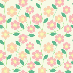 Seamless pattern vector of beautiful flower. Lovely and sweet flower and green leaves on pastel tone background.