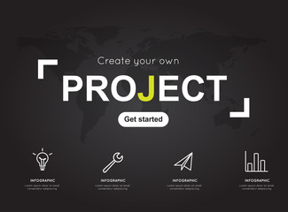 Project icons with world black map for business