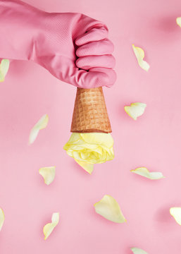 Holding Ice cream cone with yellow rose.valentine concept