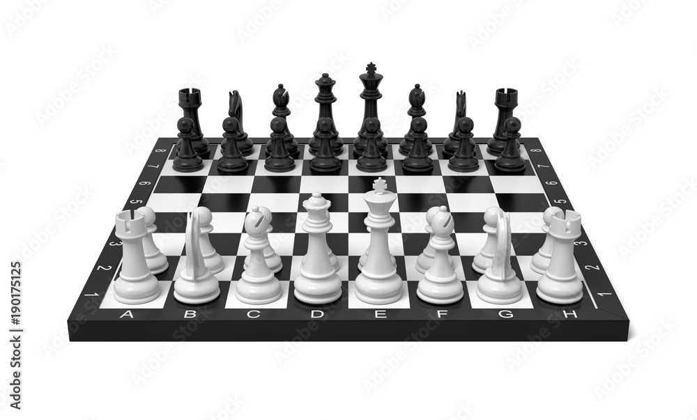 Poster 3d rendering of a chess board with a full set of figures in the starting position.