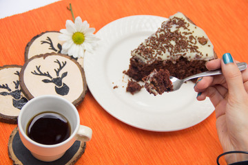 Chocolate cake slice with white chocoalte cream in plate with cup of coffee