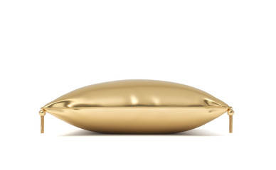 3d rendering of an isolated golden pillow with hanging tassels on its corners.