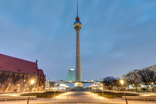 The famous Television Tower at the Alexanderplatz in Berlin at night