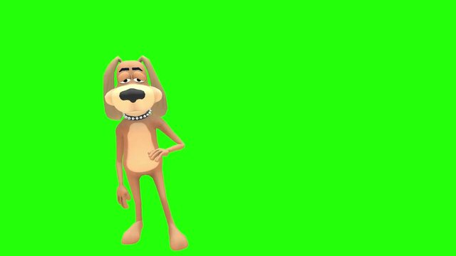 Sad depressed lonely animated cartoon dog hound canine pooch mutt character stands holding fake gun hand to head pulls trigger shooting himself multiple times in front of green screen background