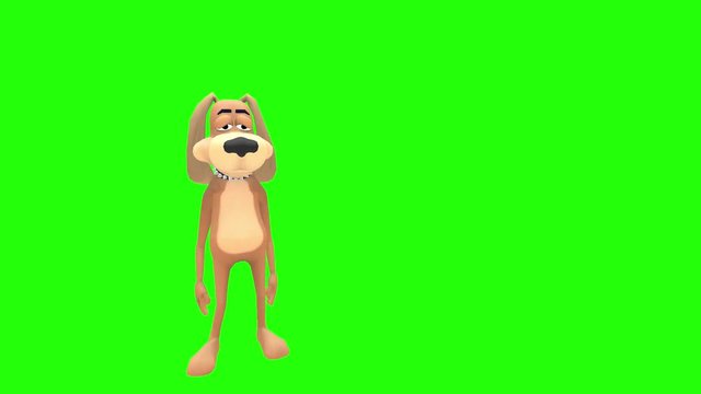 Sad depressed lonely animated cartoon dog hound canine pooch mutt character stands idle with hand by side in front of green screen background