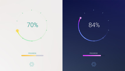 Progress of loading for mobile apps or web preloader on light and dark background. Radial load, update or download diagram icon of progress bar, minimal flat design with percentage of progress.