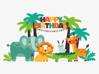 Happy birthday - lovely vector card with funny cute bears in forest
