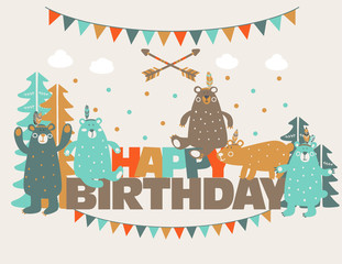 Happy birthday - lovely vector card with funny cute bears in forest