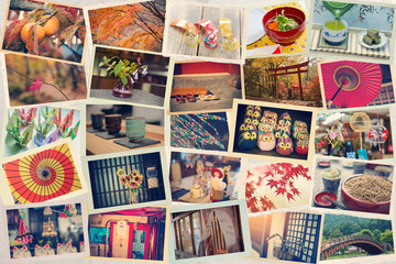 Collage von Fotos, die während einer Reise in Japan vor dem Hintergrund von japanischem Papier aufgenommen wurden. Getönt. Reisen Sie nach Japan-Konzept.