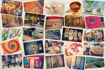 Fototapete Japan Collage von Fotos, die während einer Reise in Japan vor dem Hintergrund von japanischem Papier aufgenommen wurden. Getönt. Reisen Sie nach Japan-Konzept.
