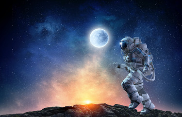 Spaceman running fast. Mixed media