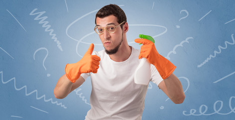 Swabber with orange rubber gloves