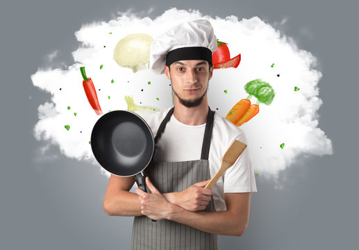 Vegetables on cloud with male cook