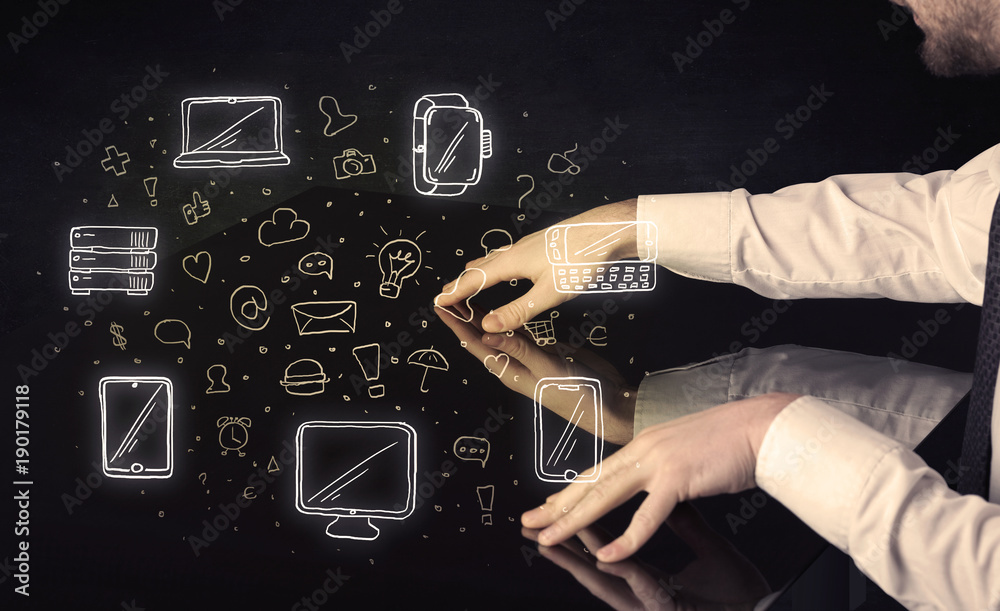 Poster Man pressing table tablet hand touch interface with media icons