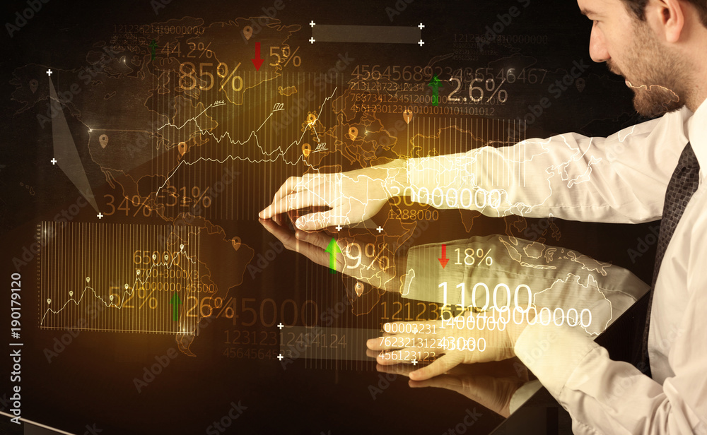 Poster Hands navigate on high tech smart table with business icons