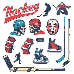 Fototapeta premium Set of hockey equipment in retro style: player head in helmet, gloves, sticks, vintage goalie mask, goalkeeper, puck, skates, silhouettes.