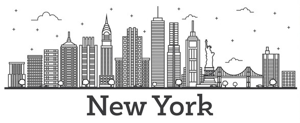Naklejka premium Outline New York USA City Skyline with Modern Buildings Isolated on White.