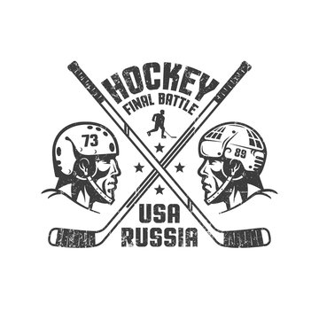 Vintage sports logo - two profiles of hockey players in helmets from different teams, crossed stics and inscriptions. Worn texture on separate layer can be disabled.