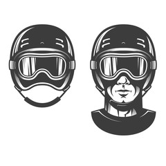 Man head in sports helmet, maybe snowboarding or racing. Old-school retro monochrome stamp style.