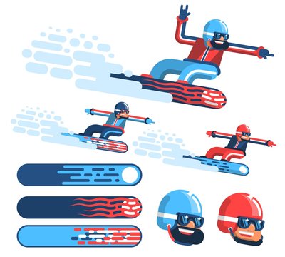Isolated happy snowboarder rushing at speed with snow fountain. Several options for coloring the equipment. Version with beard and without.