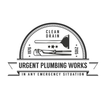 Simple retro logo plumbing services with plunger and pipe wrench.