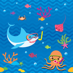 Illustration vector of cute shark octopus stingray crab and fish on undersea background design for seamless pattern.
