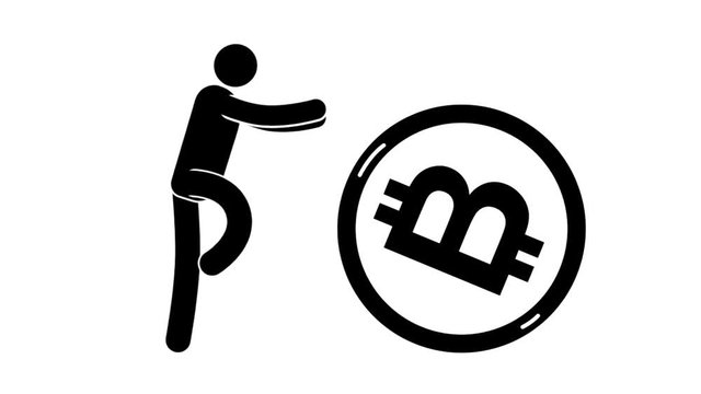 Pictogram man runs with arms outstretched in pursuit of rolling bitcoin. Looped animation with alpha channel.