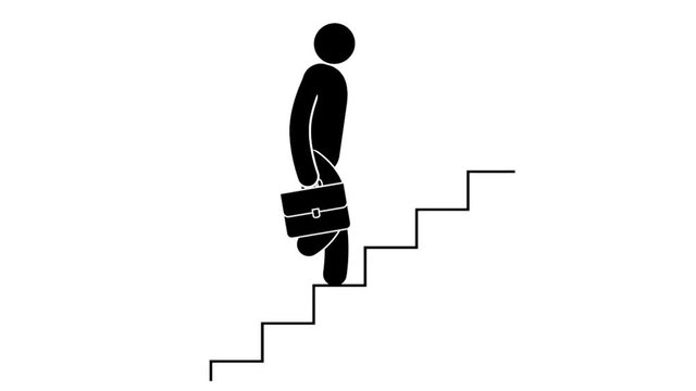 Pictogram businessman with briefcase is walking upstairs  - metaphor for career advancement. Looped animation with alpha channel.