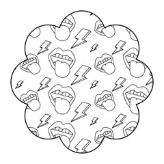 flower pattern shape label with mouth tongue out vintage vector illustration outline design