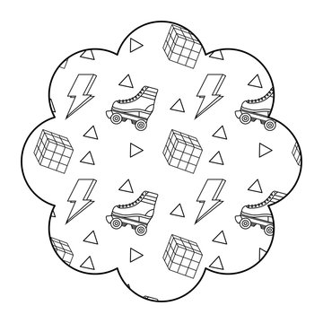 flower pattern shape label with roller skate and rubik cube vector illustration outline design