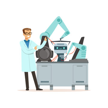 Male scientist and robotic arm conducting experiments in a modern laboratory, artificial intelligence concept vector illustration