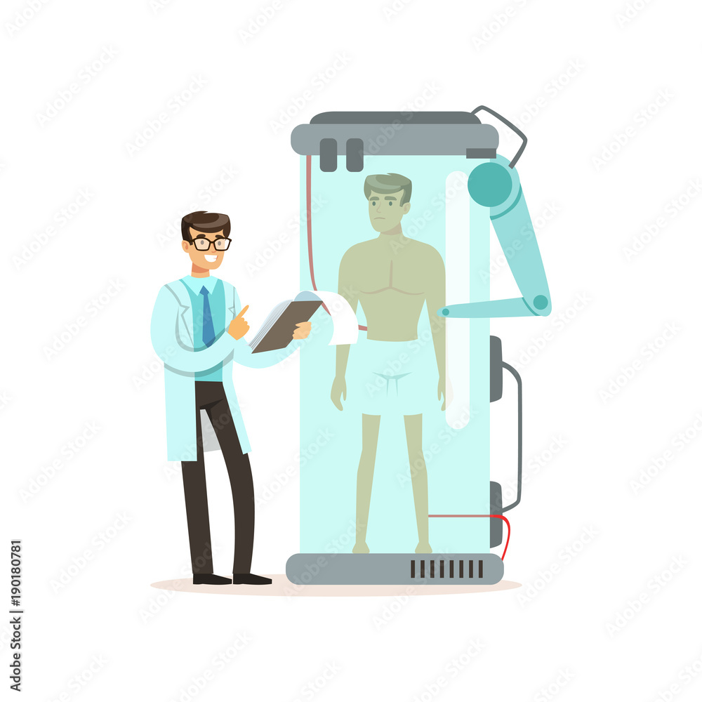 Sticker Male scientist and robotic arm working with man in bio capsule, genetic engineering, artificial intelligence concept vector illustration