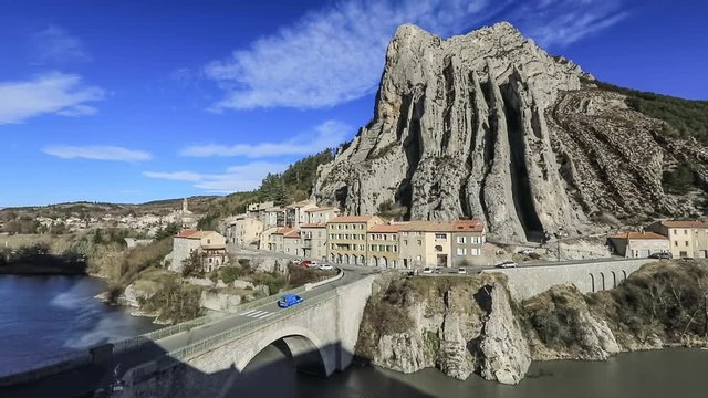 Panoramic view of Rocher de la Baume - unusual shaped rock in Sisteron, Alpes-de-Haute-Provence, France
