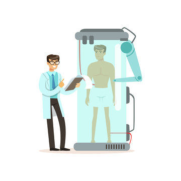 Male scientist and robotic arm working with man in bio capsule, genetic engineering, artificial intelligence concept vector illustration