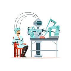 Robot conducting experiment in a laboratory, man tied up with rope sitting in a helmet for brain research, artificial intelligence concept vector illustration