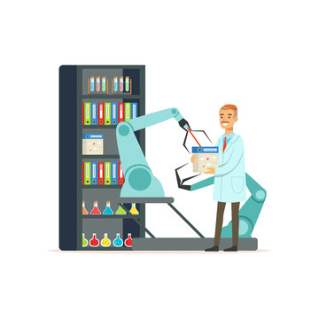 Male scientist and robotic arm working with documents, artificial intelligence concept vector illustration