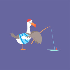 Funny seagull fishing, cute comic bird character cartoon vector illustration