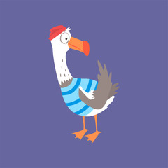 Funny seagull in a striped vest, cute comic bird character cartoon vector illustration